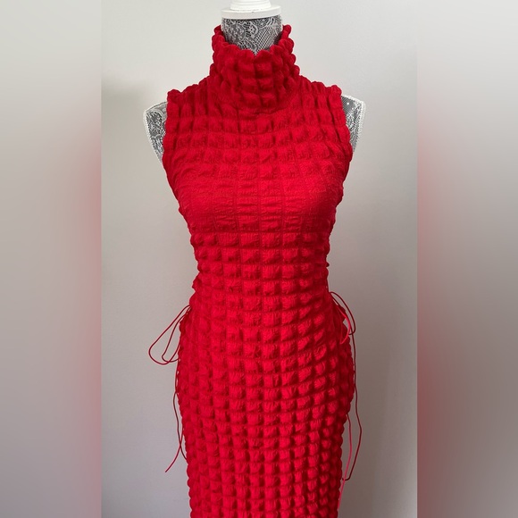 Daisy Red Bubble Knit Lace Up Maxi Dress - Picture 4 of 10
